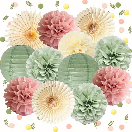 Staubige Rosa und Salbei Grün Party Dekorationen Blush Rosa Tissue Papier Pom Poms Creme Papierfächer Konfettipunkte Scatter Tischdekoration für Frauen Mädchen Geburtstag Hochzeit Verlobung Deko von FETETIJD