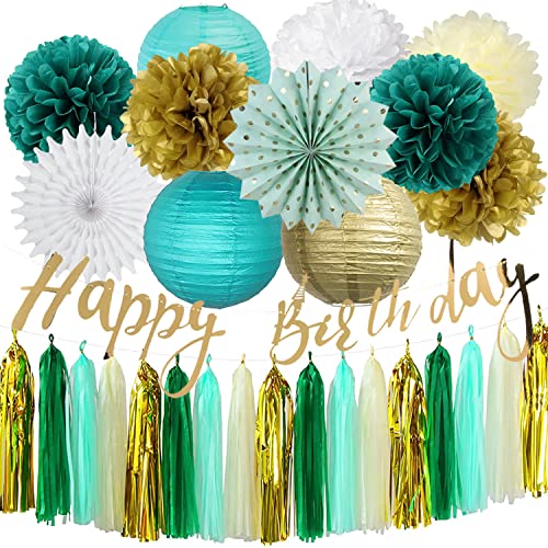 Teal Mint Creme Gold Geburtstag Party Dekoration Pompoms Papier Laternen Quastengirlande Deko Kit Babyparty Geburtstags Hochzeit Junggesellinnenabschied Dekorationen von FETETIJD