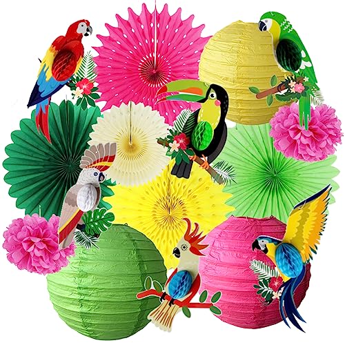 Tropical Party Decorations Tukan Papagei Party Deko Vögel Hängende Papierlaternen Grün Papierfächer Gelb Fuschia für Tiki Hawaii Luau Tropische Party Deko Geburtstag von FETETIJD