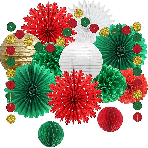 Weihnachtsdekoration Weihnachten Schneeflocke Papierfächer Papierlaterne Papier Wabenball Rot Grün Gold Kreis Punkt Girlande für Weihnachten Party Supplies Xmas Neujahr Dekorationen von FETETIJD