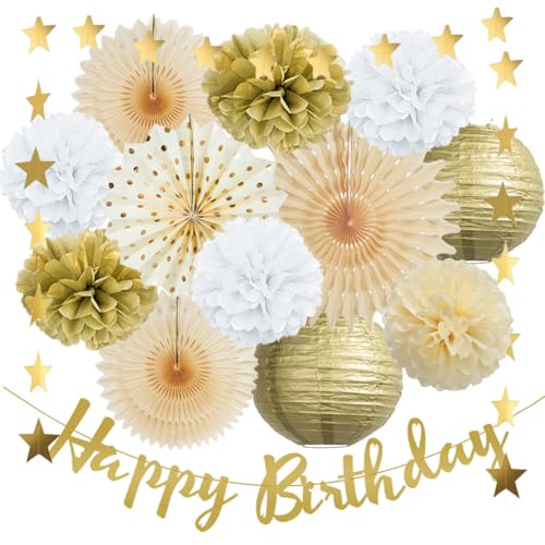 Geburtstagsdeko Beige Weiß Gold Champagner Geburtstag Deko Gold Weiß Pompons Boho Deko Gold mit Happy Birthday Banner für Neutral Geburtstagsdeko Mädchen Weiss Gold von FETETIJD