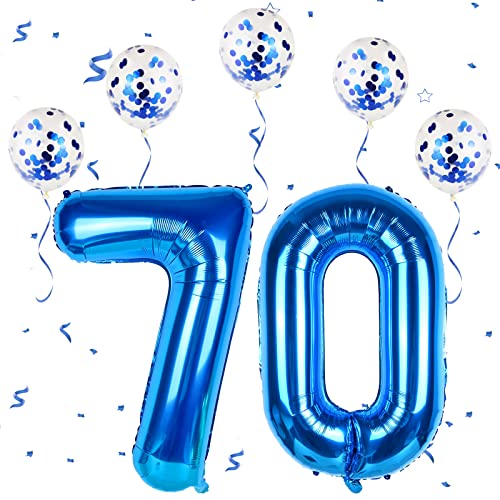 Blau Luftballon Zahlen 70, XXL Folienballon Zahl in 40" - 101cm Geburtstagsdeko mit Blau Konfetti Ballons für Männer Frauen 70. Geburtstagsparty Deko, Jubiläum Dek-fliegt mit Helium (Zahlen 70) von FEYG