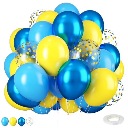 Blau und Gelb Ballons, 12 Zoll Blau Gelb Ballons Konfetti Metallic Gold Blau Ballons für Cartoon Thema Fußball Party Dekoration Babyparty Jahrestag Geburtstag Hochzeit Party Dekorationen von FEYG