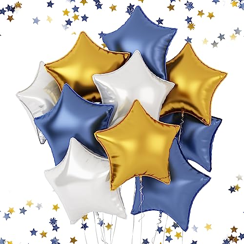 Blaue Gold Weiße Sterne Luftballons, 18 Zoll Sterne Folienballons für Helium, Packung mit 10 Pastell Blau Gold Weiße Heliumballons Set für Gender Reveal Babyparty Geburtstagsfeier Dekorationen von FEYG