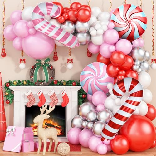 Christmas Balloon Arch Kit, Pink Red White Christmas Balloon Garland Arch Kit with Metallic Silver Balloons Candy Cane Foil balloon for Christmas Party Decorations New Year Xmas Party Supplies von FEYG