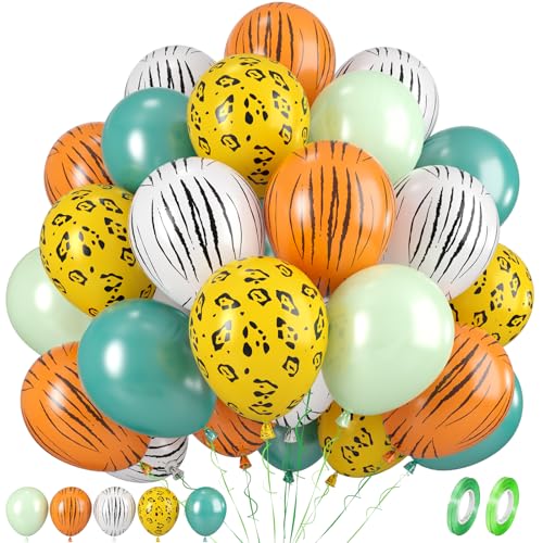 Dschungel Luftballons, 12 Zoll, 50 Stück Dschungelsafari Luftballons, frische grün blaugrüne Luftballons, Luftballons mit Tiermuster für Mottoparty Dekorationen, Dschungel Mottoparty Zubehör von FEYG