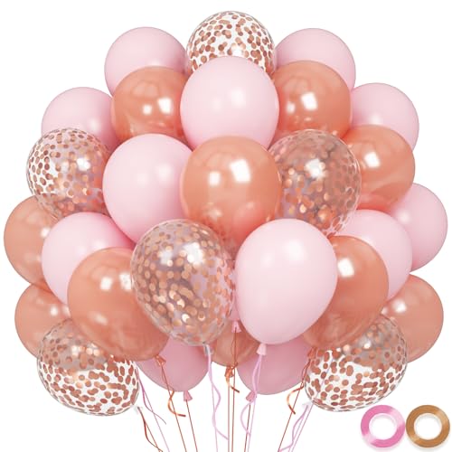 Goldrosa Ballons, 60 Stück 12 Zoll Roségold Luftballons, Partyballons für Kinder, Heliumballons mit Schleife für Hochzeit, Geburtstag, Babyparty, Partydekoration, Taufdekoration für Mädchen von FEYG