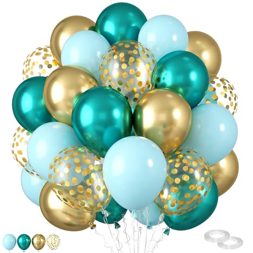 Grüne Luftballons,60 Stück 12 Zoll Metallisch Grüne Luftballons, Metallisch Goldblaue Luftballons mit Konfetti Luftballons für Geburtstag Babyparty Dschungel Motto Party Luftballons von FEYG