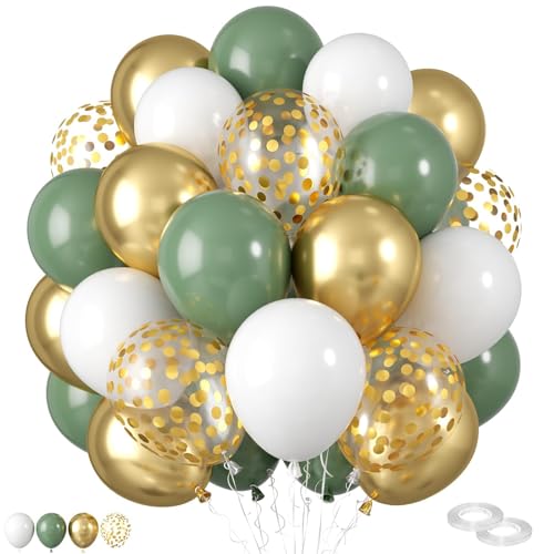 Grüne Luftballons,60 Stück 12 Zoll Salbeigrün Weißgold Luftballons, Bohnengrün Metallisches Gold Weiße Luftballons mit Konfetti Luftballons für Geburtstag Babyparty Party Safari Dschungel Wald Thema von FEYG