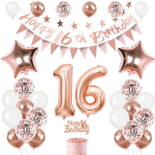 Luftballon 16. Geburtstag Roségold, 16 Geburtstag Mädchen Deko für 16. Geburtstag Mädchen Ballon 16. Geburtstag mit Banner Zahl 16 Ballons Geburtstag Tortendeko Ballon 16 Deko zum Geburtstag Mädchen von FEYG