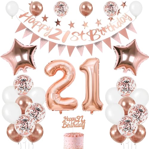 Luftballon 21. Geburtstag Roségold, 21 Geburtstag Mädchen Deko für 21. Geburtstag Mädchen Ballon 21. Geburtstag mit Banner Zahl 21 Ballons Geburtstag Tortendeko Ballon 21 Deko zum Geburtstag Mädchen von FEYG