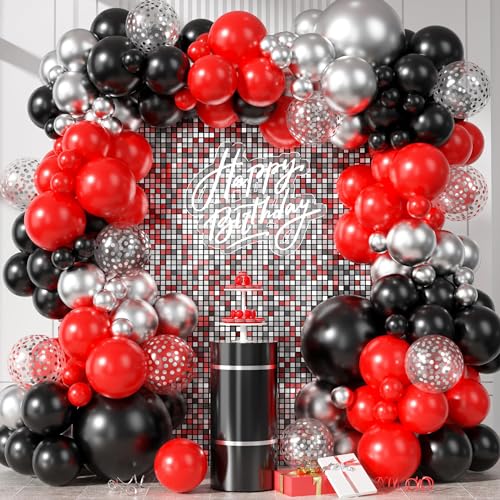 Luftballon Girlande Schwarz Rot Silber, Schwarz und Rot Luftballons, mit Metallic Silber Latex Ballons Konfetti Ballons Set 18 12 10 5 Zoll für Geburtstag Hochzeit Baby Shower Abschluss Party von FEYG