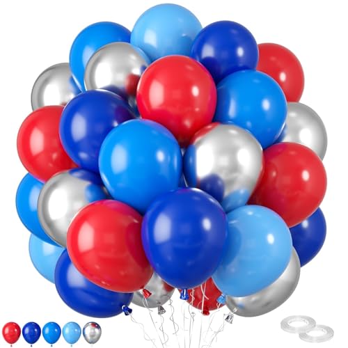 Luftballon Rot Blau,60 Stück 12 Zoll Blaue und Rote Luftballons Königsblau Hellblau Dunkelblau Rot-Silber Latex-Luftballons für Jungen Kindergeburtstage Babyparty Abschlussfeier Party-Dekorationen von FEYG