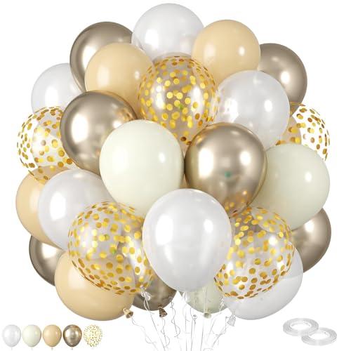 Luftballon Weiß Gold,60 Stück 12 Zoll Creme und Sandgold Luftballons, Sandgold Retro-Aprikose Elfenbeinweiß Creme Luftballons mit Konfetti ballons für Mädchen Boho Geburtstag Party Dekoration von FEYG