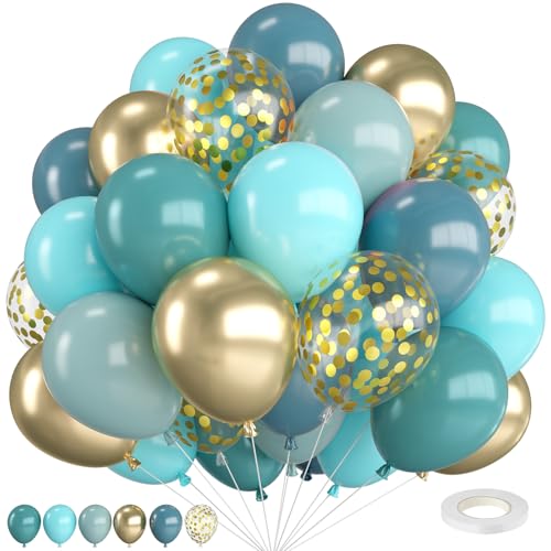 Luftballons Blau,12 Zoll Luftballons Blau Gold Ballons Marine Blauer Macaron Blau Grün Schiefer Blau und Aquablau mit Golden Konfetti Ballon,für Geburtstagsdeko Hochzeits deko Babyparty von FEYG