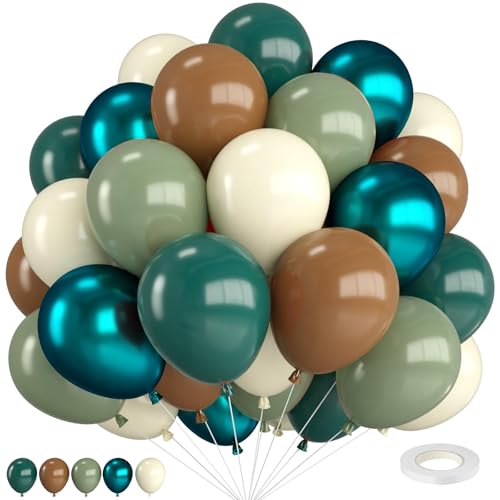 Luftballons Grüne,12 Zoll Salbeigrüne und Braune Luftballons Chrom Teal Doppelt Gefüllte Dunkelgrün Avocado Grün mit Kaffee Nude Elfenbein Weißen Ballons,für Wald und Wald Birthday Party Deko von FEYG