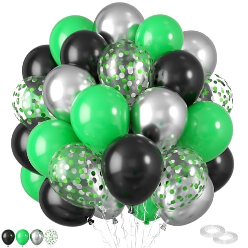 Luftballons Grüne,60 Stück 12 Zoll Grüne und Schwarze Luftballons, matt dunkelgrün metallisches Silber mattschwarze Luftballons mit Konfetti Luftballons für Kinder Safari Geburtstag Babyparty Deko von FEYG