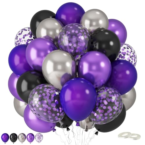 Luftballons Lila,60 Stück 12 Zoll lila und schwarze Luftballons, Metallic-Lila Metallic-Silber Mattschwarz Lila Luftballons mit Konfetti-Luftballons für Geburtstag Hochzeit Party Dekorationen von FEYG