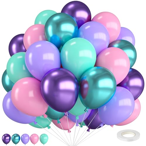 Luftballons Meerjungfrau,12 Zoll Pink Grün Lila Ballons und Metallic Lila Teal Ballons mit Band,für Mädchen Meerjungfrau Geburtstag Hochzeit Babyparty Unter Dem Meer Party Dekoration von FEYG