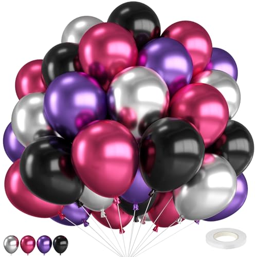 Luftballons Rosa lila,12 Zoll Metallic Pink Lila Schwarz und Silber mit Band für Hochzeit Geburtstag Babyparty Abschlussfeier Verlobungsfeier und Halloween Party Dekoration von FEYG