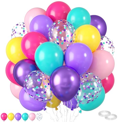 Rosa Blau Lila Luftballon,60 Stück 12 Zoll Rosen rot Rosa Lila Blaugrün Gelb metallisches Lila Luftballons mit Konfetti Luftballons für Geburtstags Baby Shower Mädchen Baby Shower Party Dekorationen von FEYG