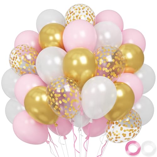 Rosa Gold Luftballons, 60 Stück 12 Zoll Rosa Gold Weiße Luftballons, Party Luftballons für Kinder, Helium Luftballons mit Schleife für Hochzeit, Party Dekorationen, Taufdekorationen für Mädchen von FEYG