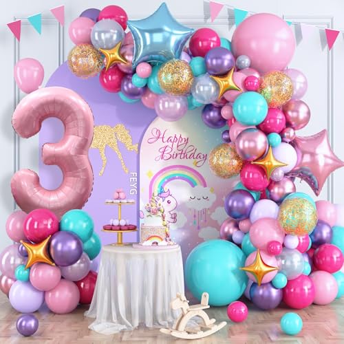 Rosa Lila Ballonbogen Kit, Mädchen 3. Geburtstag Ballon Girlande, Hot Pink Teal Blue Ballons mit Zahl 3 Ballon, Stern Folienballons für Babyparty, Prinzessin 3. Geburtstag Party Dekorationen von FEYG