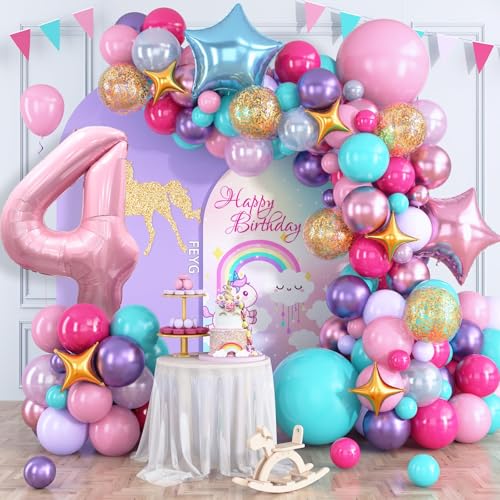 Rosa Lila Ballonbogen Kit, Mädchen 4 Geburtstag Ballon Girlande, Hot Pink Teal Blue Ballons mit Zahl 4 Ballon, Stern Folienballons für Babyparty, Prinzessin 4. Geburtstag Party Dekorationen von FEYG