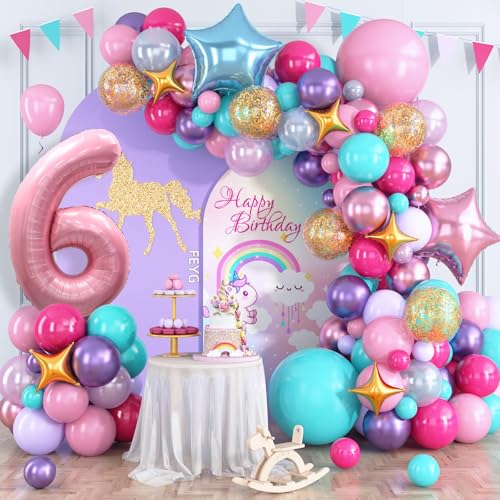 Rosa Lila Ballonbogen Kit, Mädchen 6 Geburtstag Ballon Girlande, Hot Pink Teal Blue Ballons mit Zahl 6 Ballon, Stern Folienballons für Babyparty, Prinzessin 6. Geburtstag Party Dekorationen von FEYG