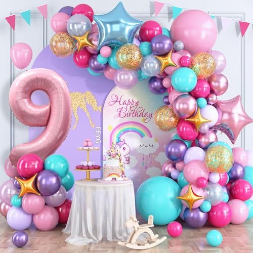 Rosa Lila Ballonbogen Kit, Mädchen 9 Geburtstag Ballon Girlande, Hot Pink Teal Blue Ballons mit Zahl 9 Ballon, Stern Folienballons für Baby Shower Prinzessin 9 Geburtstag Party Dekorationen von FEYG