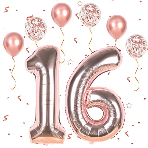 Roségold Luftballon Zahlen 16, XXL Folienballon Zahl in 40" - 101cm Geburtstagsdeko mit Metallische Ballons Konfetti Ballons für Mädchen 16. Geburtstagsparty Deko, Jubiläum Dek-fliegt mit Helium von FEYG