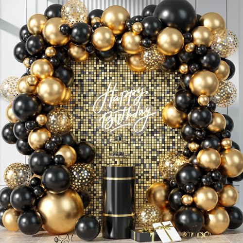 Schwarz und Gold Luftballons, Luftballon Girlande Schwarz Gold, Schwarz Metallic Gold Latex Ballons mit Konfetti Ballons Set 18 12 10 5 Zoll für Geburtstag Hochzeit Baby Shower Abschluss Party Deko von FEYG