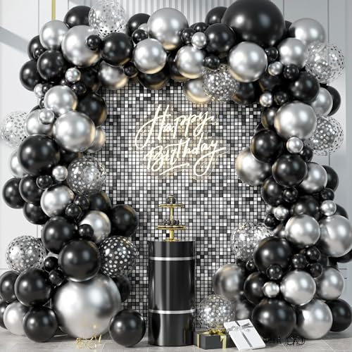 Schwarz und Silber Luftballons, Luftballon Girlande Schwarz Silber, Schwarz Metallic Silber Latex Ballons mit Konfetti Ballons Set 18 12 10 5 Zoll für Geburtstag Hochzeit Baby Shower Abschluss Party von FEYG