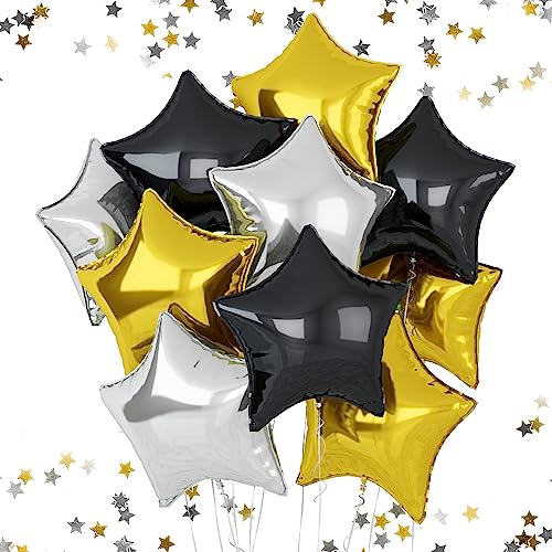 Schwarze Gold Sterne Luftballons, 18 Zoll Sterne Folienballons für Helium, 10 Stück Schwarz Gold Silber Helium Geburtstagsballons, Party Folienballon Set Geburtstagsfeier Abschlussfeier Dekorationen von FEYG