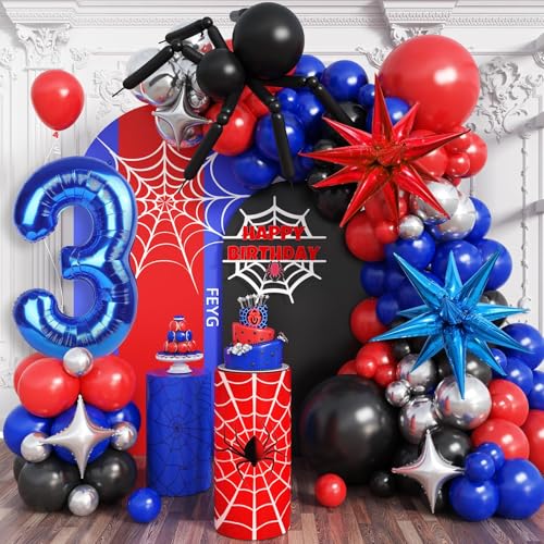 Spinne Thema Ballon Girlande Bogen Kit, Jungen 3rd Spider Geburtstag Dekorationen, Schwarz Rot und Blau Ballon Girlande mit Zahl 3 Ballon, Stern Folienballons für Babyparty Spinne Thema von FEYG