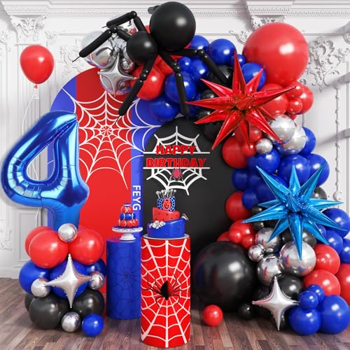 Spinne Thema Ballon Girlande Bogen Kit, Jungen 4.Spinne Geburtstag Dekorationen, Schwarz Rot und Blau Ballon Girlande mit Zahl 4 Ballon, Stern Folienballons für Babyparty Spinne Thema Geburtstagsfeier von FEYG