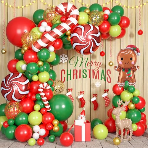 Weihnachtsballon-Bogen-Set, 125 Stück, Weihnachtsballon-Girlande, Grün, Rot, Metallic, Gold, Weihnachtsballons, Dekorationen mit Zuckerstange, Lebkuchen, Weihnachtsballons für von FEYG