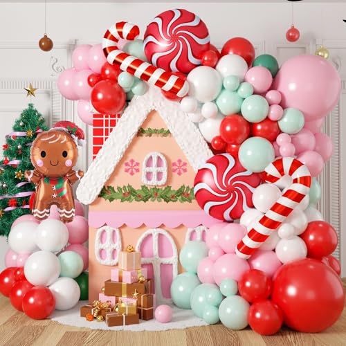 Weihnachtsballon-Bogen-Set, 125 Stück, Weihnachtsballon-Girlande, Pastellrosa, Maca-Grün, Rot, Weihnachtsballon-Dekorationen mit Zuckerstange, Lebkuchen, Weihnachtsballons für von FEYG