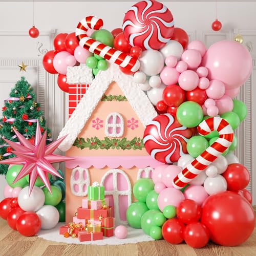 Weihnachtsballon-Bogen-Set, 125 Stück, Weihnachtsballon-Girlande-Set, Grün, Rosa, Rot, Weihnachtsballons, Dekorationen, Latexballon mit Zuckerstange, Sternfolie, Weihnachtsballons für von FEYG