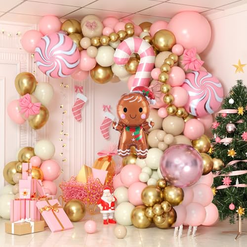 Weihnachtsballon-Bogen-Set, 125 Stück, Weihnachtsballon-Girlande-Set, rosa-goldfarben, cremefarben, Weihnachtsballons mit Zuckerstange, Lebkuchenfolie, Weihnachtsballons für von FEYG