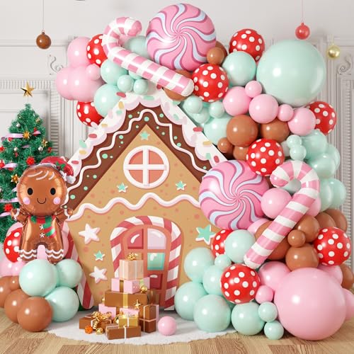 Weihnachtsballon-Girlande-Set, Lebkuchenmann, Weihnachtsballonbogen-Set mit pastellgrünen, rosa braunen Luftballons, Zuckerstange, Lebkuchenmann, Folienballon für Weihnachtsfeier, Dekorationen von FEYG