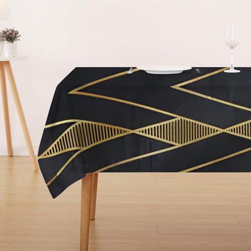 FFFASFY Tischdecke Abwaschbar Fleckschutz Mitteldecke 80x80 cm Klein Eckig Tischwäsche Wasserdicht Lotuseffekt Schwarz und Gold Streifen Tischdecke für Küche, Esstisch, Couchtisch von FFFASFY