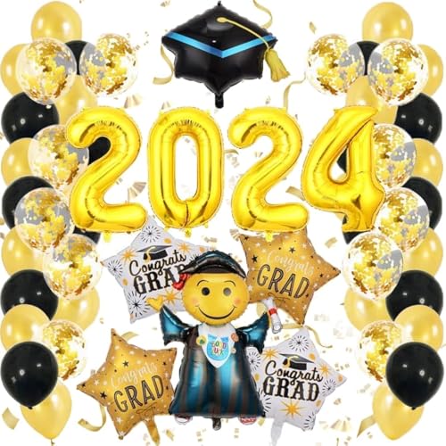 Graduation Deko 2024 Ballons,Schwarz Gold Abschluss Deko XXL Folienballon Mit Abschlussfeier Graduation Hat,Abitur 2024 Ballon für Abschlussfeier Party Dekoration,54 Pcs Set Abschluss Geschenk von FFTANXS