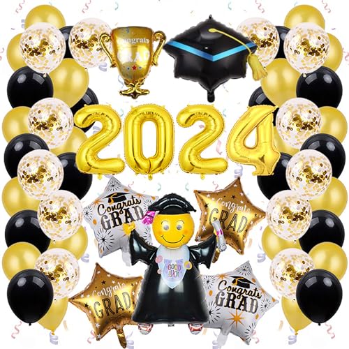 Graduation Deko 2024 Ballons,Schwarz Gold Abschluss Deko XXL Folienballon Mit Abschlussfeier Graduation Hat,Abitur 2024 Ballon für Abschlussfeier Party Dekoration,55 Pcs Set Bachelor Geschenk von FFTANXS