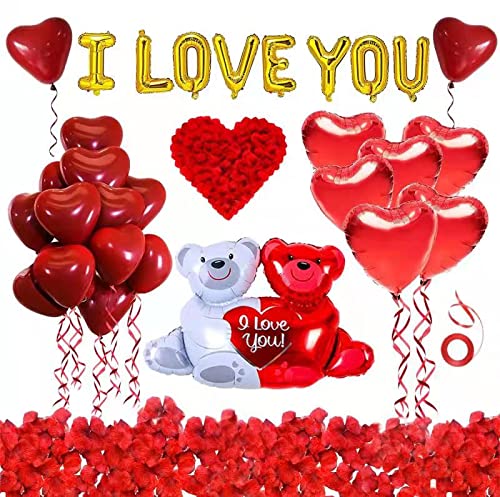 Valentinstag Ballons Herzluftballons Helium Ballons Set, Mit 100 cm Übergröße Folienballon Umarmung Bär und Rosenblätter, Hochzeitstag und Geburtstag und Hochzeit Heiratsantrag Deko Luftballons Rot von FFTANXS