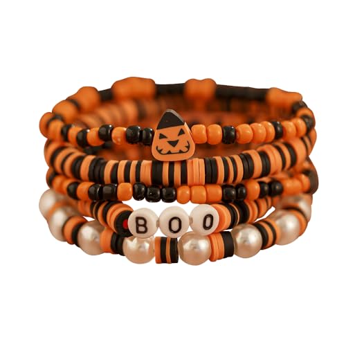 FFWTPY Halloween Armbänder Set Bunte Perlen Set Alphabet Fledermaus Kürbis Anhänger Armband Halloween Schmuck Set Feiertage Bracelet Geschenk für Freunde Familie Party (orange03) von FFWTPY