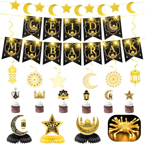 FFZZKJ Ramadan Deko Set Eid Mubarak Dekoration Banner mit 3M 30 LED Lichterkette, Ramadan Mubarak Banner Islam deko, Hängespirale, Mondsichel & Stern Banner für Zuhause Muslim Ramadan Eid Party von FFZZKJ