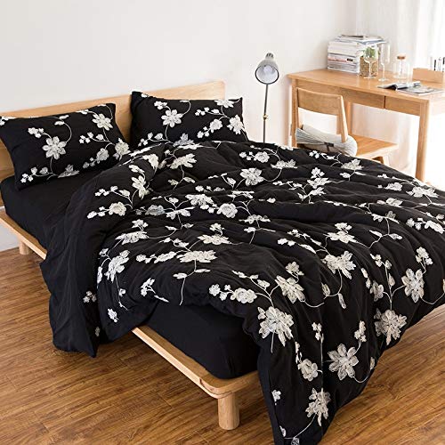 Schwarze Blumenstickerei, Baumwollgarn, Spannbettlaken, Bettbezug, flach, Heimtextilien, Damenschlafzimmer, 1 Queen-Size-Größe B (1 Queen-Size-Größe A) von FGDSEEEKJUFHH