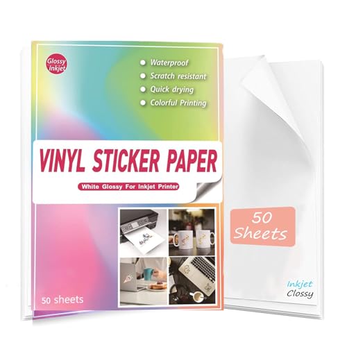 Sticker papier zum bedrucken A4 Glänzend Weiß-50 Blätter，Wasserfester Vinylaufkleber für Inkjetdrucker und Laserdrucker Inkjet Etiketten Papier Selbstklebendön & Trocknet Schnell von FGGNCBL