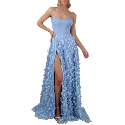 FGUUTYM Damen 3D-Besticktes Röhrenoberteil, Netzstoff, sexy, elegant, Tüll, Blumenmuster, hinten, Bindesaum, Abschlussball, formelles Abendkleid, Maxikleid Kleider Rot (Blue, XXL) von FGUUTYM